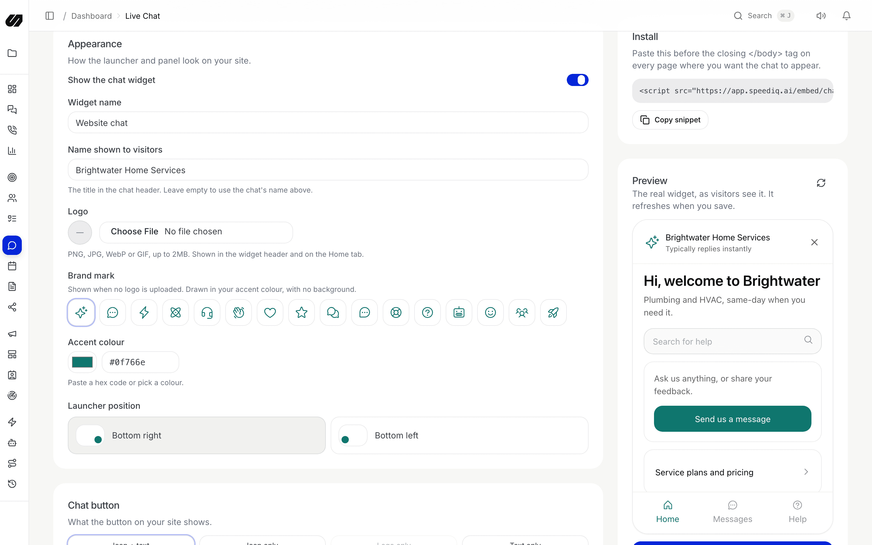 Live chat widget set-up with a branded preview of the widget